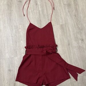 Burgundy Ruffle-Waist Romper with Belt – Adjustable Tie Straps  – Size Small